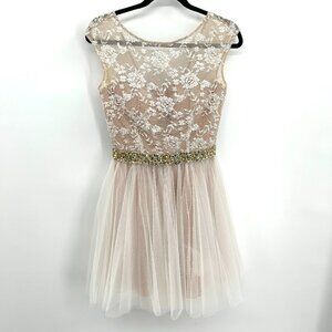 SHERRI HILL Nude White Yellow Gem Lace Ballerina Tulle Fit & Flare Mini Dress 4